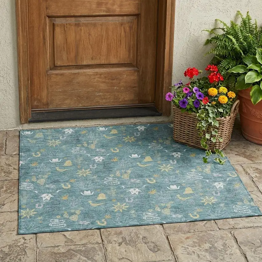 Teal Blue And Wheat Cactus Washable Indoor Outdoor Area Rug Photo 1