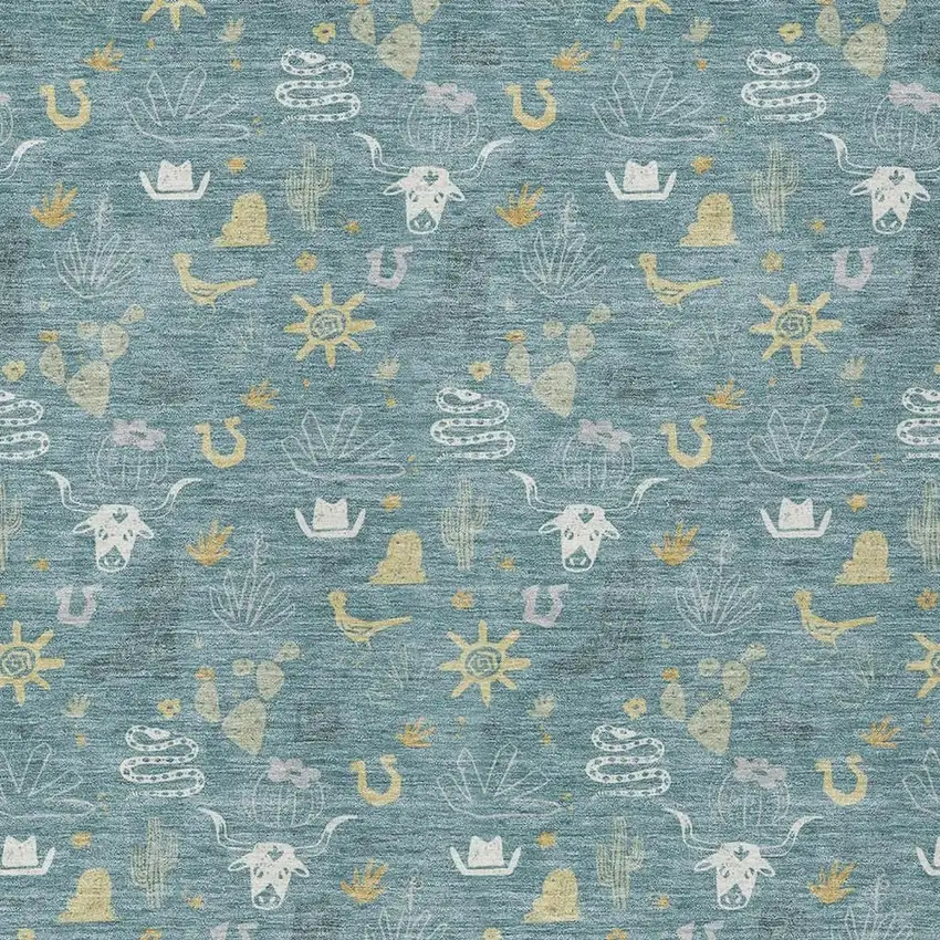 Teal Blue And Wheat Cactus Washable Indoor Outdoor Area Rug Photo 3