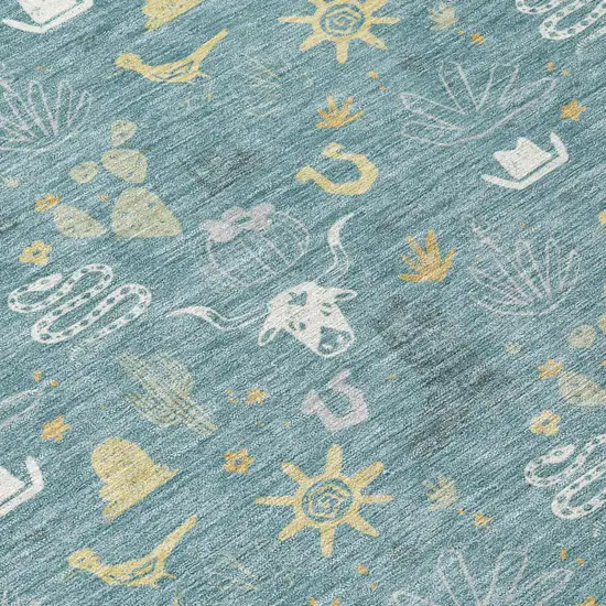 Teal Blue And Wheat Cactus Washable Indoor Outdoor Area Rug Photo 6