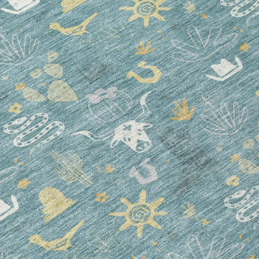 Teal Blue And Wheat Cactus Washable Indoor Outdoor Area Rug Photo 6