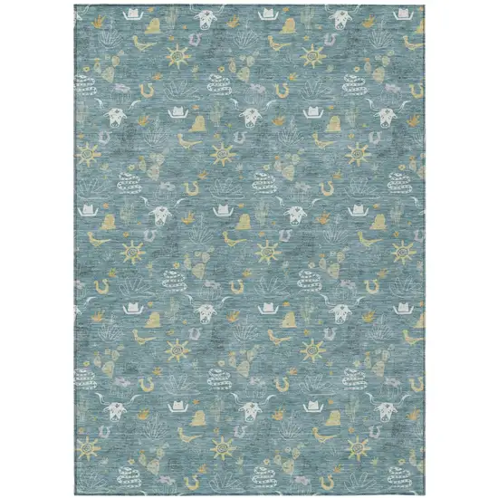 Teal Blue And Wheat Cactus Washable Indoor Outdoor Area Rug Photo 2