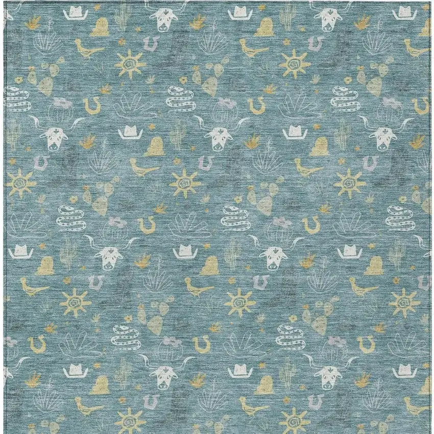 Teal Blue And Wheat Cactus Washable Indoor Outdoor Area Rug Photo 4