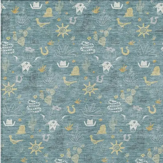 Teal Blue And Wheat Cactus Washable Indoor Outdoor Area Rug Photo 3