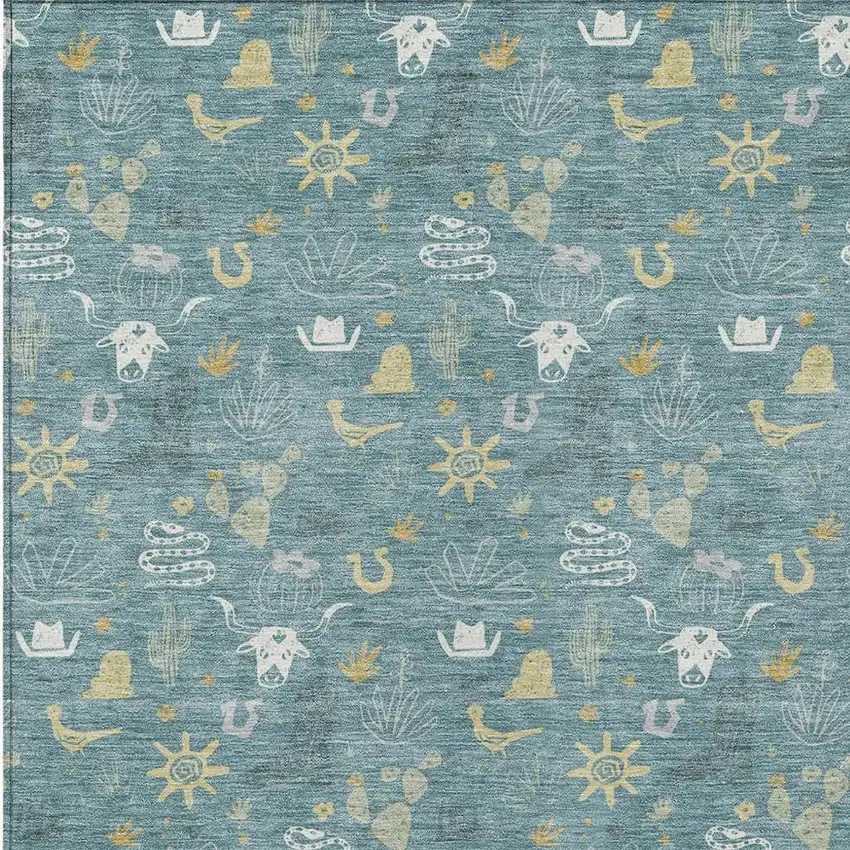 Teal Blue And Wheat Cactus Washable Indoor Outdoor Area Rug Photo 3