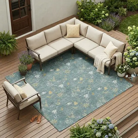 Teal Blue And Wheat Cactus Washable Indoor Outdoor Area Rug Photo 1