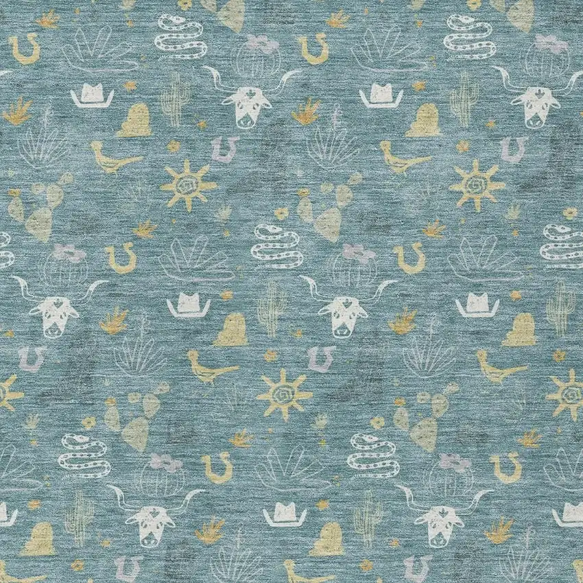 Teal Blue And Wheat Cactus Washable Indoor Outdoor Area Rug Photo 3
