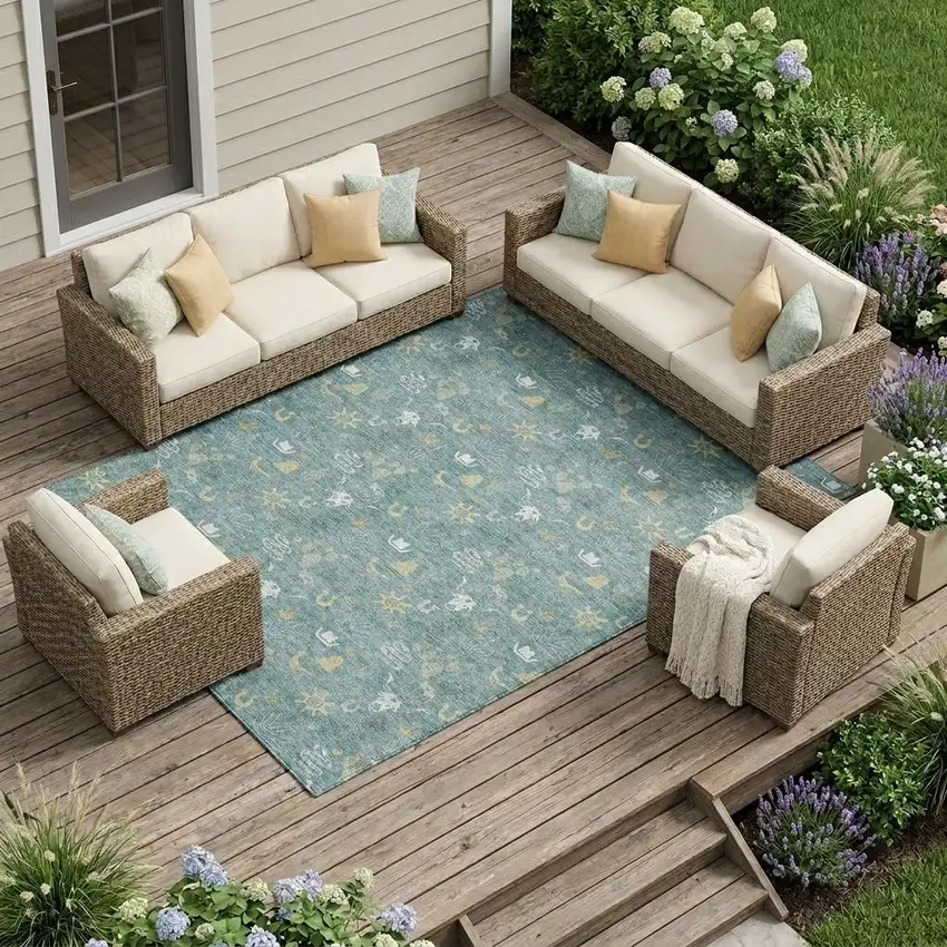 Teal Blue And Wheat Cactus Washable Indoor Outdoor Area Rug Photo 1