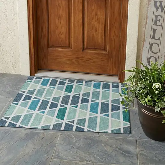 Teal Blue And White Geometric Washable Indoor Outdoor Area Rug Photo 1