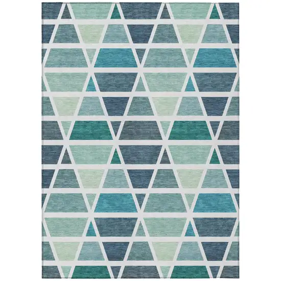 Teal Blue And White Geometric Washable Indoor Outdoor Area Rug Photo 2