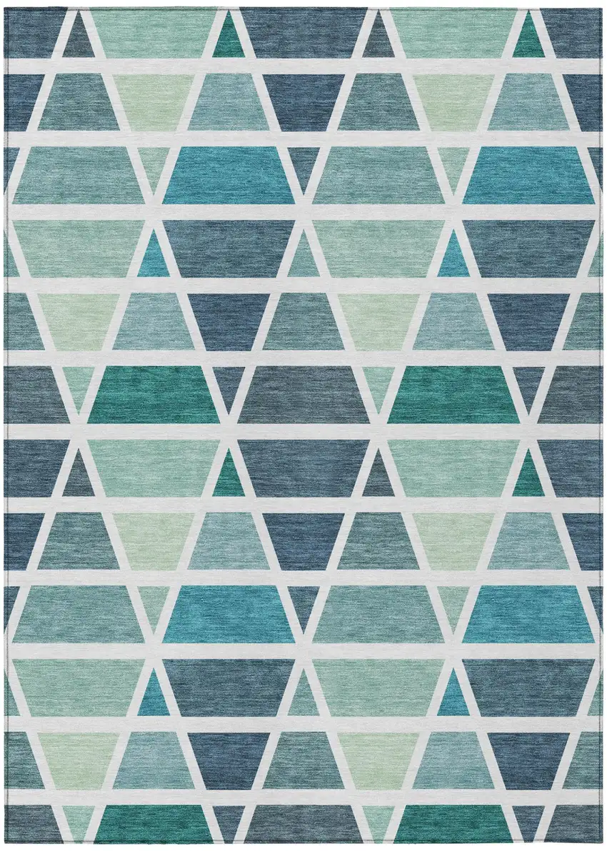 Teal Blue And White Geometric Washable Indoor Outdoor Area Rug Photo 2
