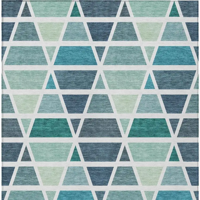 Teal Blue And White Geometric Washable Indoor Outdoor Area Rug Photo 3
