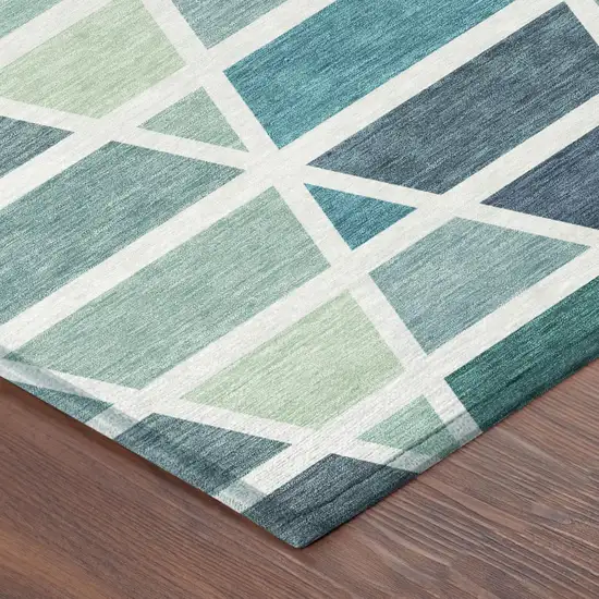 Teal Blue And White Geometric Washable Indoor Outdoor Area Rug Photo 5