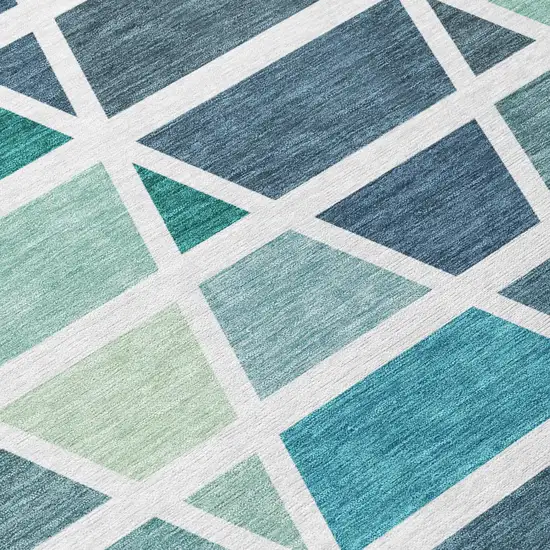 Teal Blue And White Geometric Washable Indoor Outdoor Area Rug Photo 6