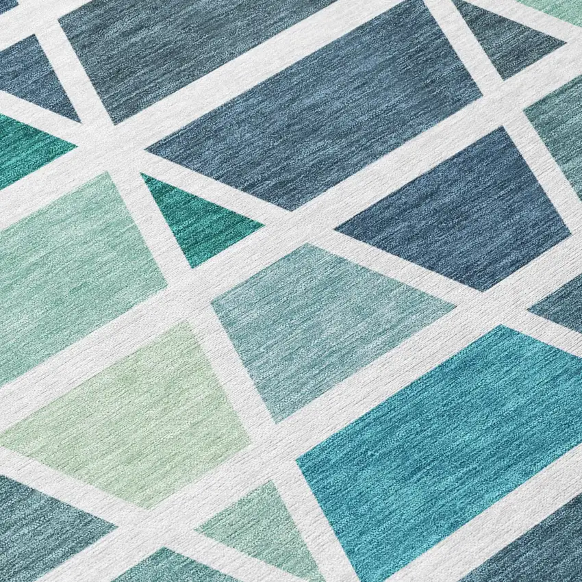 Teal Blue And White Geometric Washable Indoor Outdoor Area Rug Photo 6