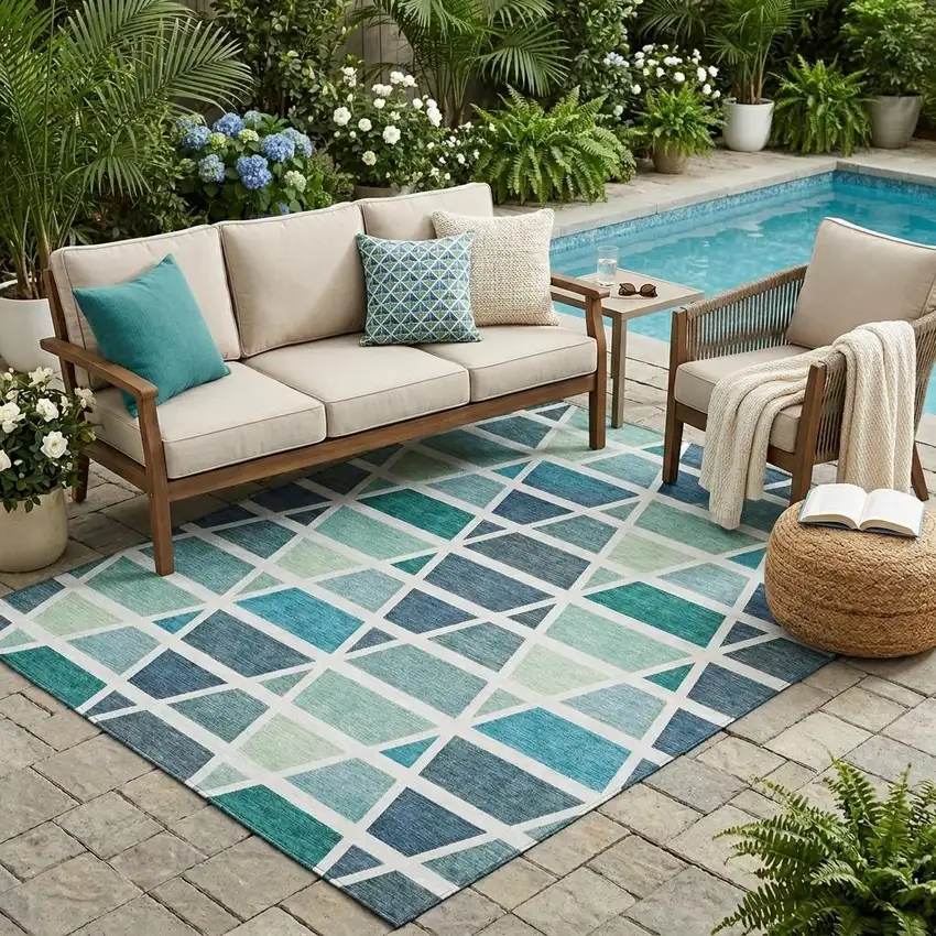 Teal Blue And White Geometric Washable Indoor Outdoor Area Rug Photo 1