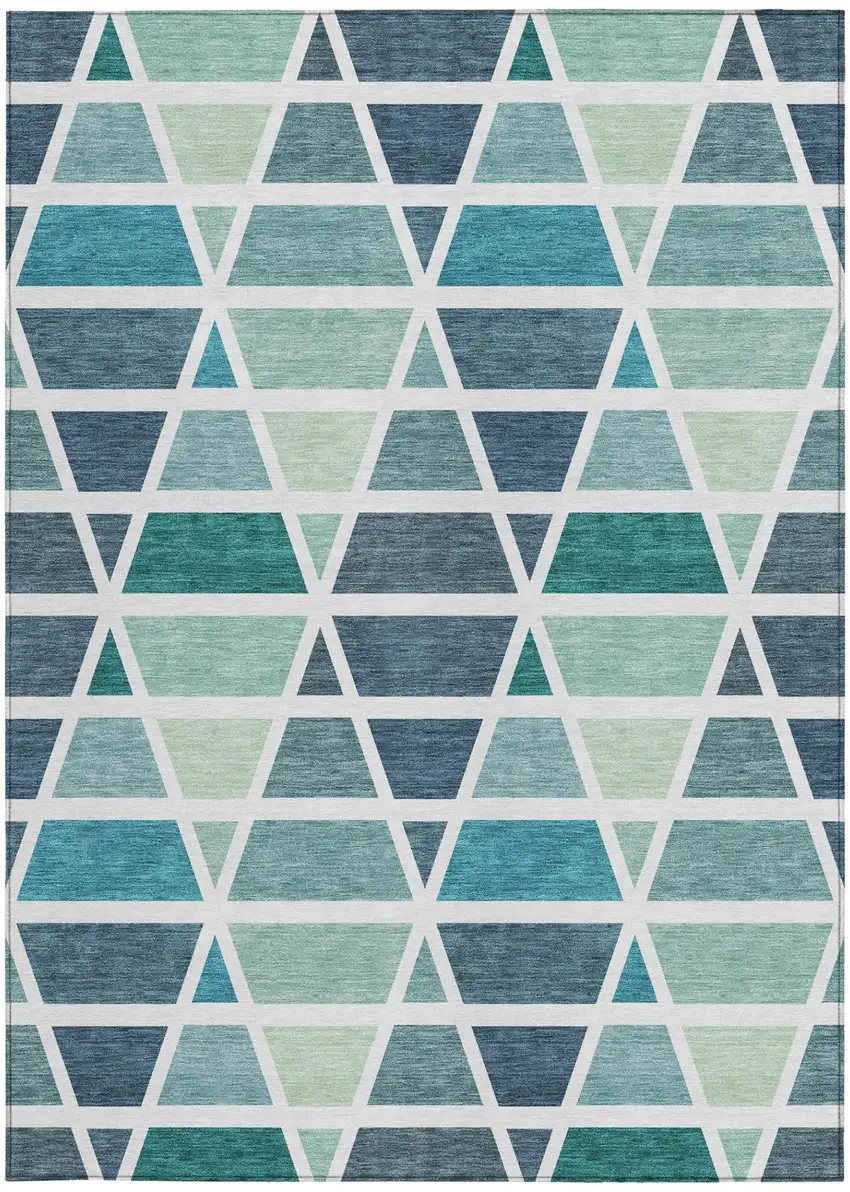 Teal Blue And White Geometric Washable Indoor Outdoor Area Rug Photo 4