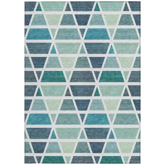 Teal Blue And White Geometric Washable Indoor Outdoor Area Rug Photo 4