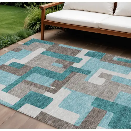 Teal Blue Aqua And Beige Abstract Washable Indoor Outdoor Area Rug Photo 1