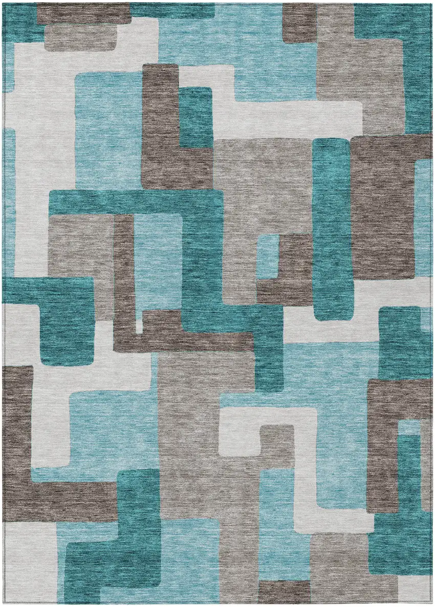 Teal Blue Aqua And Beige Abstract Washable Indoor Outdoor Area Rug Photo 1