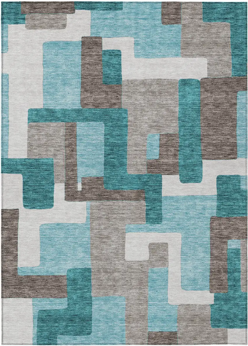 Teal Blue Aqua And Beige Abstract Washable Indoor Outdoor Area Rug Photo 1