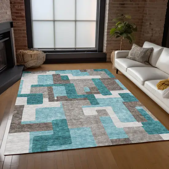Teal Blue Aqua And Beige Abstract Washable Indoor Outdoor Area Rug Photo 9