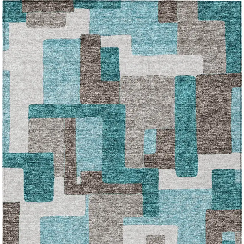 Teal Blue Aqua And Beige Abstract Washable Indoor Outdoor Area Rug Photo 6