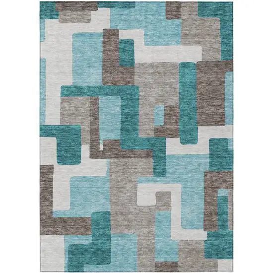 Teal Blue Aqua And Beige Abstract Washable Indoor Outdoor Area Rug Photo 1