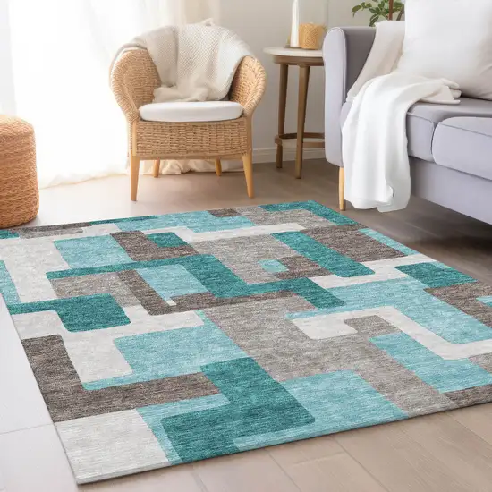 Teal Blue Aqua And Beige Abstract Washable Indoor Outdoor Area Rug Photo 8