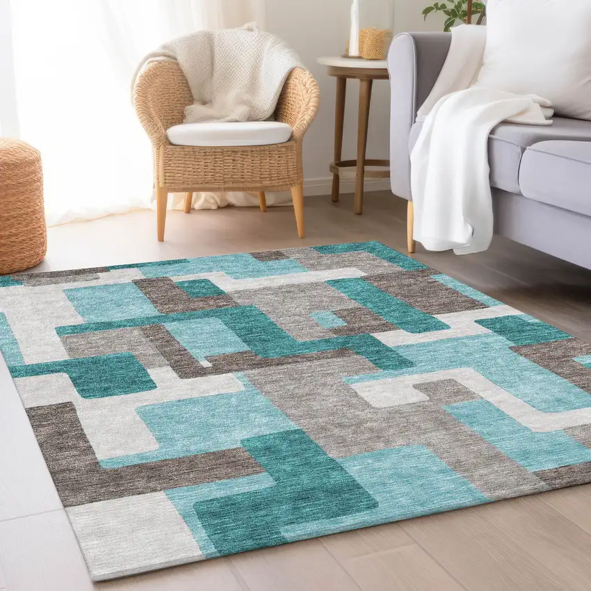 Teal Blue Aqua And Beige Abstract Washable Indoor Outdoor Area Rug Photo 8