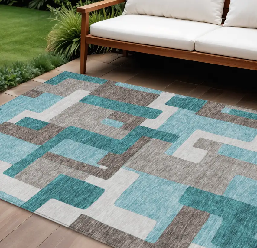 Teal Blue Aqua And Beige Abstract Washable Indoor Outdoor Area Rug Photo 1