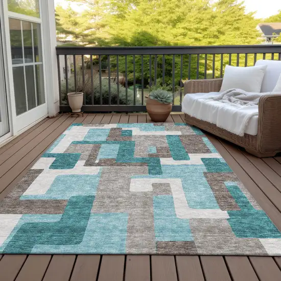 Teal Blue Aqua And Beige Abstract Washable Indoor Outdoor Area Rug Photo 7