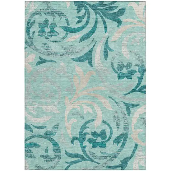 Teal Blue Aqua And Beige Floral Washable Indoor Outdoor Area Rug Photo 7
