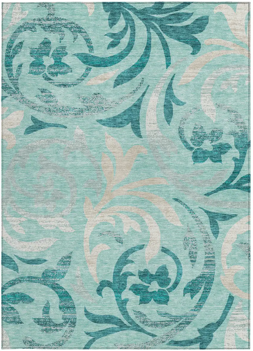 Teal Blue Aqua And Beige Floral Washable Indoor Outdoor Area Rug Photo 7