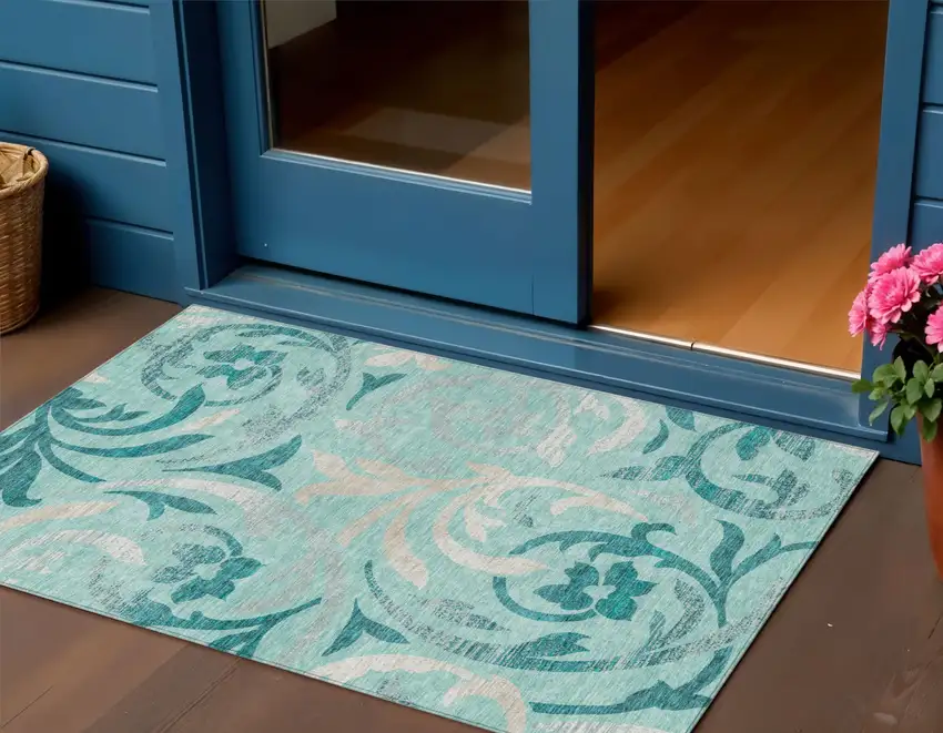 Teal Blue Aqua And Beige Floral Washable Indoor Outdoor Area Rug Photo 1