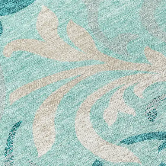 Teal Blue Aqua And Beige Floral Washable Indoor Outdoor Area Rug Photo 4