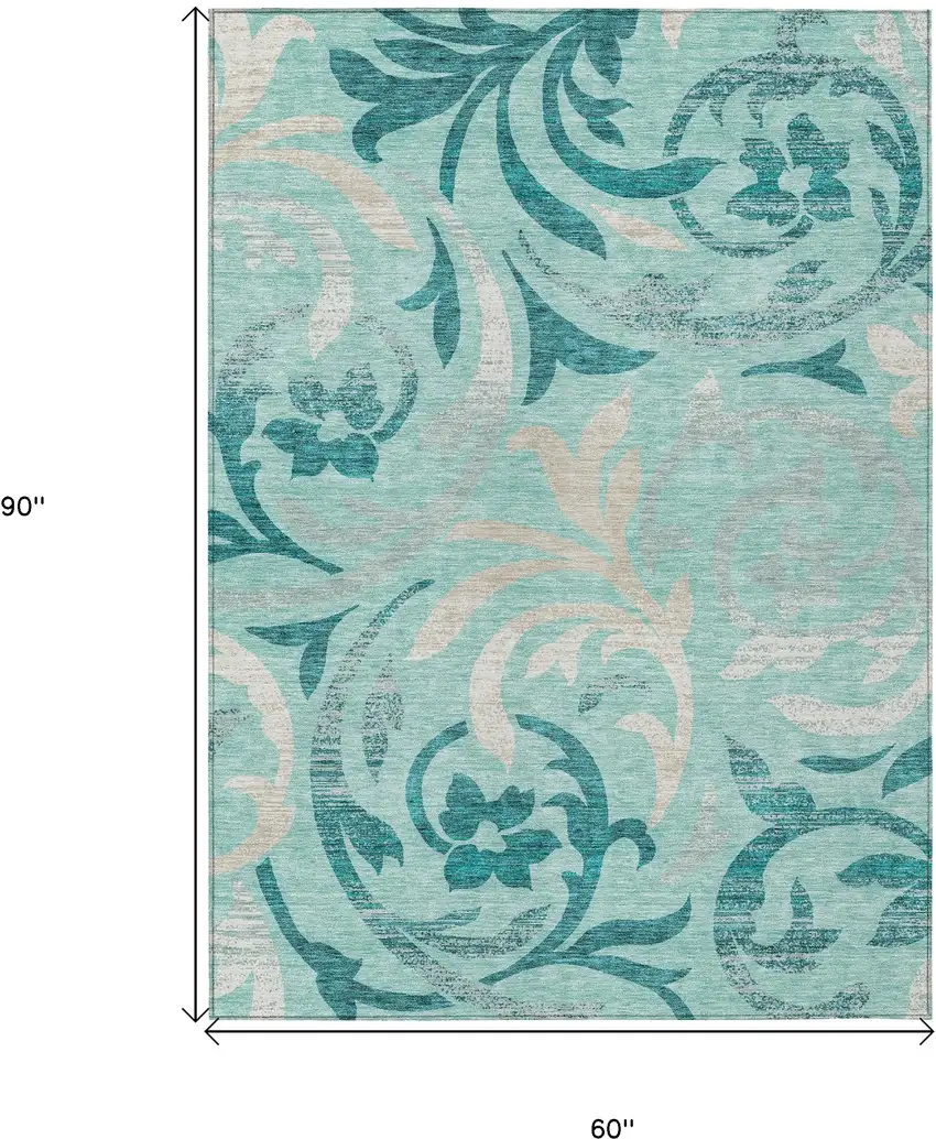 Teal Blue Aqua And Beige Floral Washable Indoor Outdoor Area Rug Photo 3