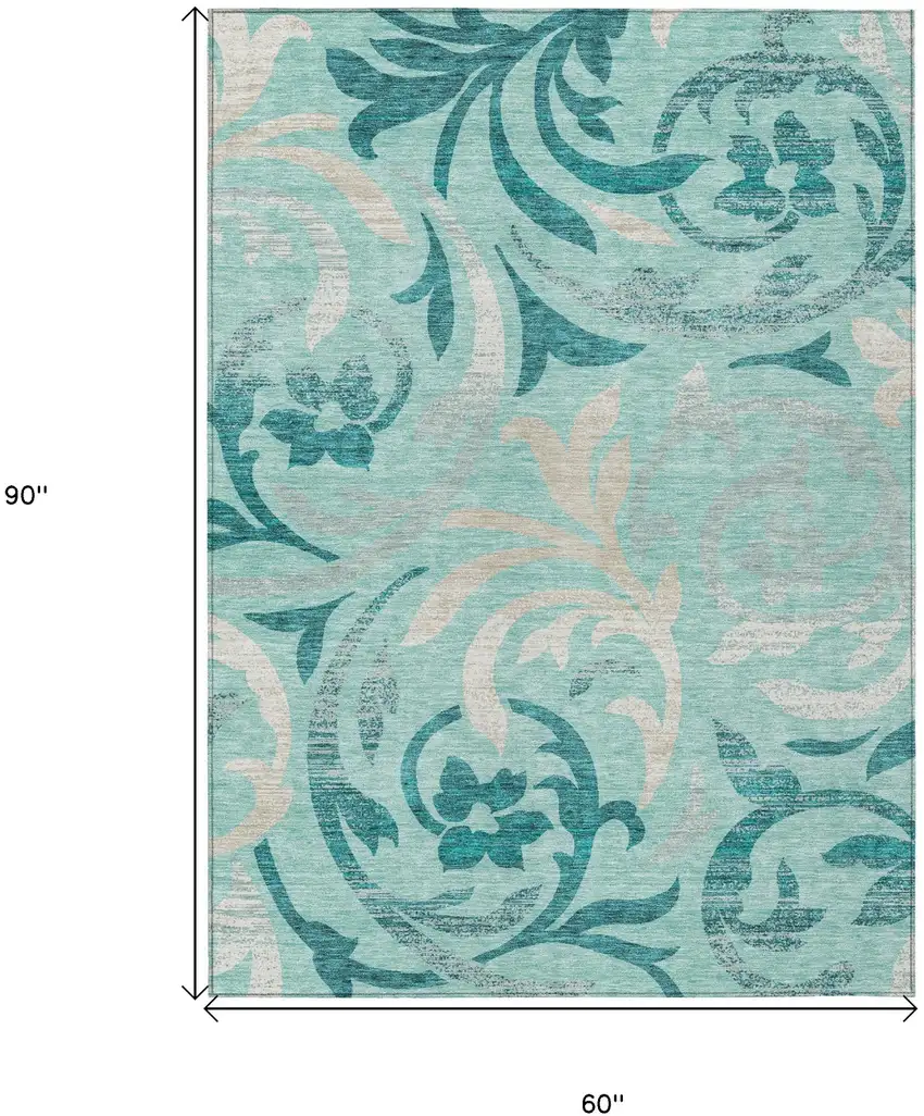 Teal Blue Aqua And Beige Floral Washable Indoor Outdoor Area Rug Photo 3