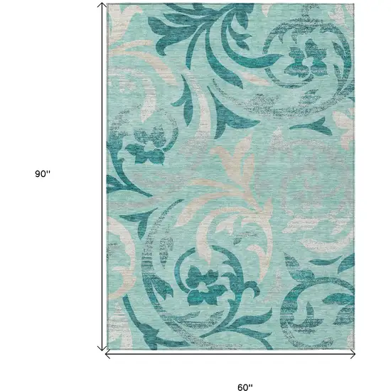 Teal Blue Aqua And Beige Floral Washable Indoor Outdoor Area Rug Photo 3