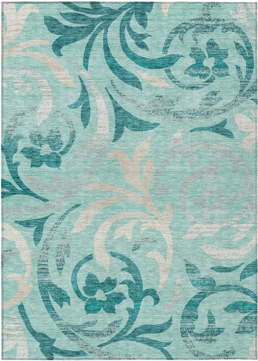 Teal Blue Aqua And Beige Floral Washable Indoor Outdoor Area Rug Photo 1