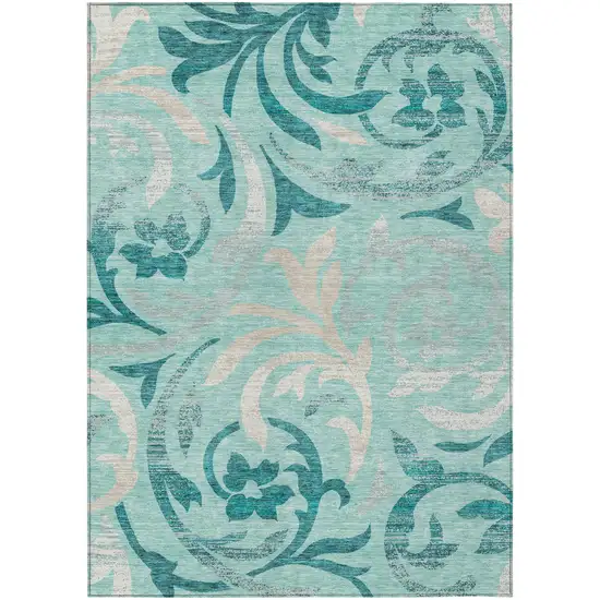 Teal Blue Aqua And Beige Floral Washable Indoor Outdoor Area Rug Photo 1