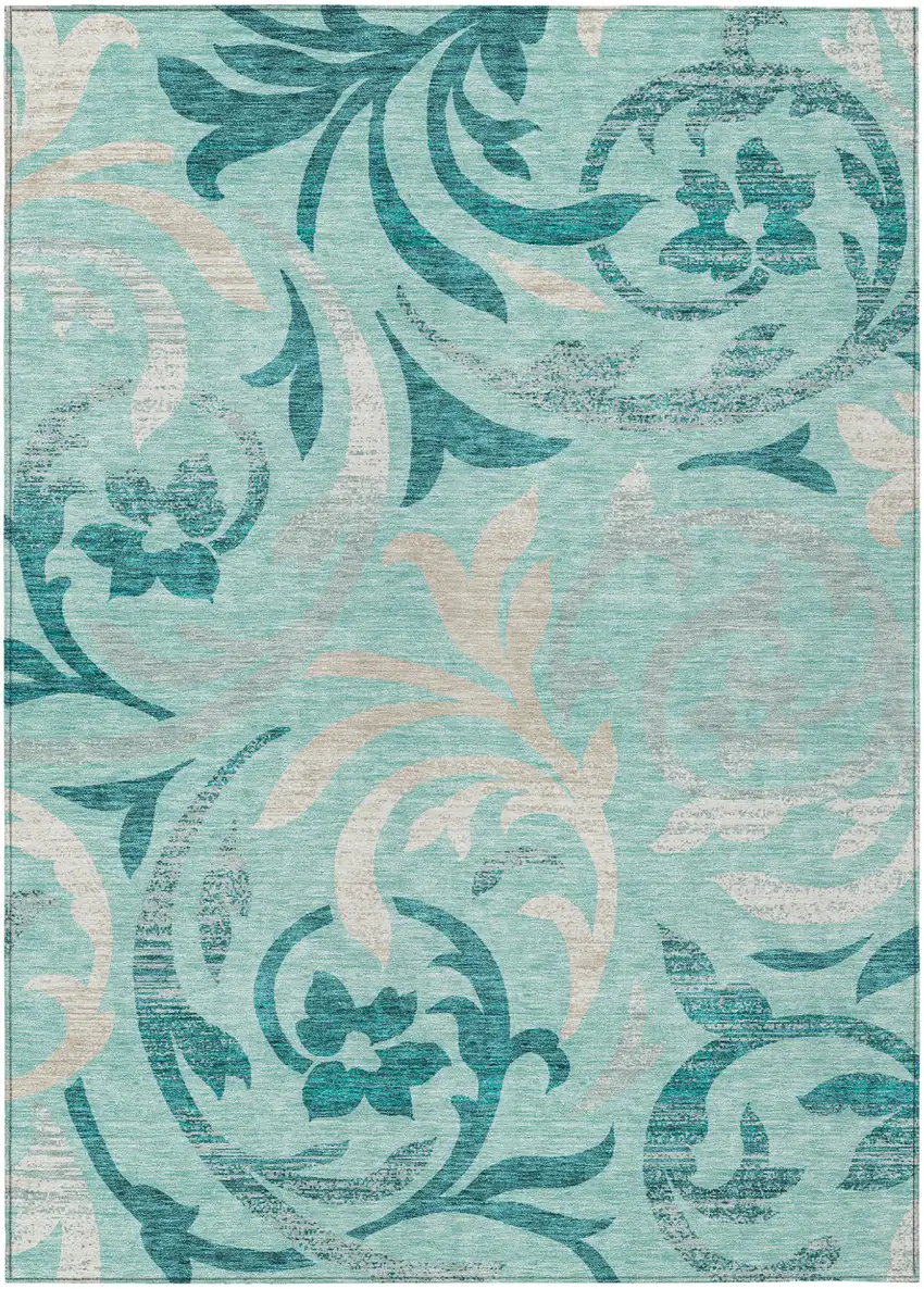 Teal Blue Aqua And Beige Floral Washable Indoor Outdoor Area Rug Photo 1