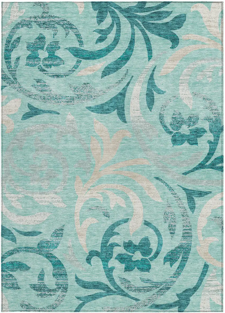 Teal Blue Aqua And Beige Floral Washable Indoor Outdoor Area Rug Photo 6