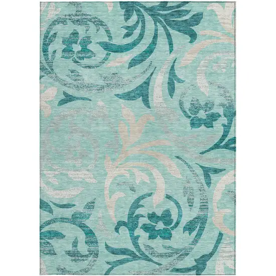 Teal Blue Aqua And Beige Floral Washable Indoor Outdoor Area Rug Photo 6