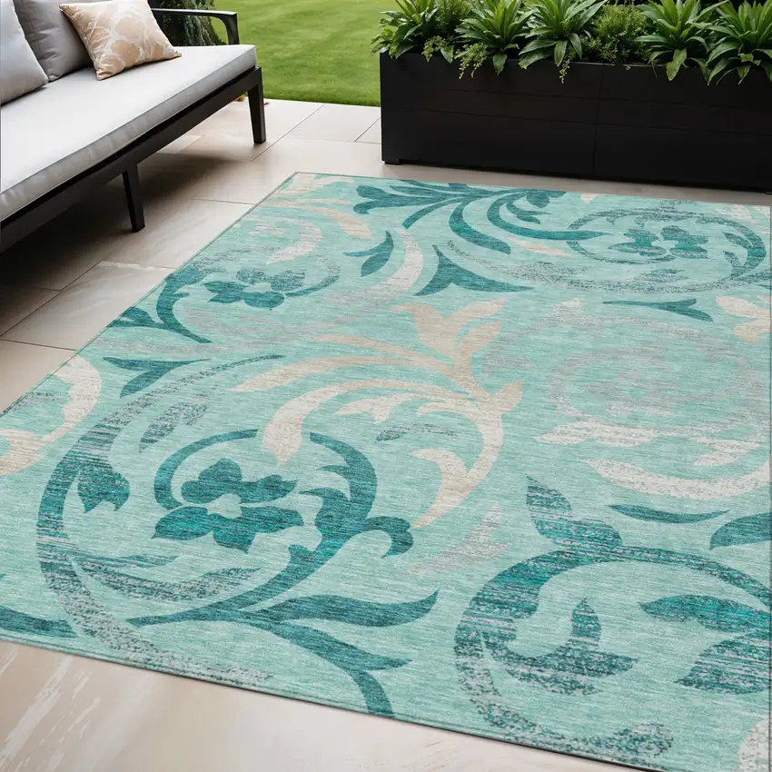 Teal Blue Aqua And Beige Floral Washable Indoor Outdoor Area Rug Photo 1