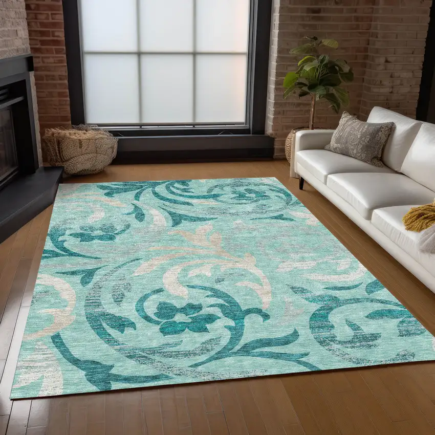 Teal Blue Aqua And Beige Floral Washable Indoor Outdoor Area Rug Photo 9