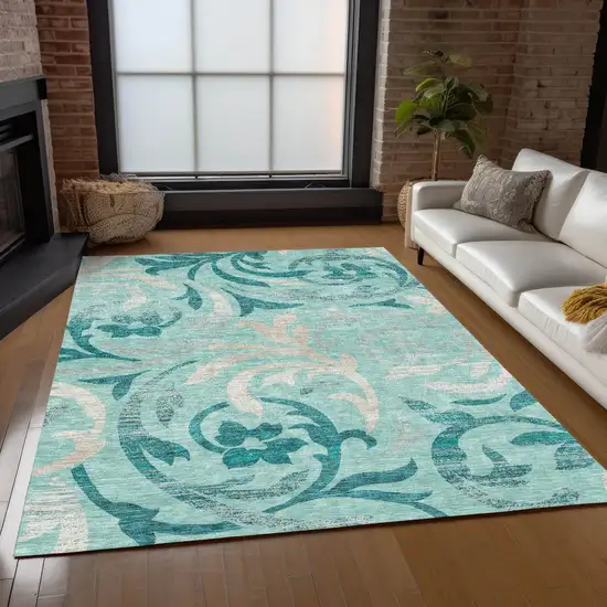 Teal Blue Aqua And Beige Floral Washable Indoor Outdoor Area Rug Photo 9