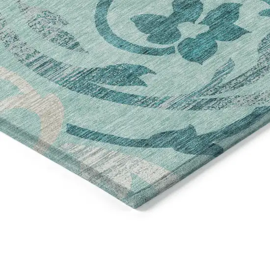 Teal Blue Aqua And Beige Floral Washable Indoor Outdoor Area Rug Photo 3