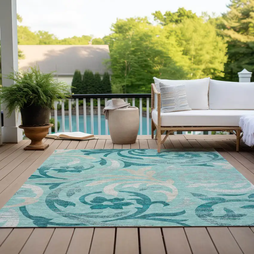 Teal Blue Aqua And Beige Floral Washable Indoor Outdoor Area Rug Photo 9