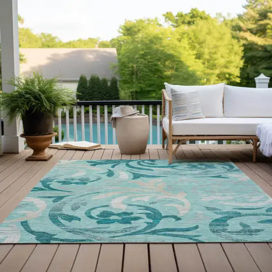 Teal Blue Aqua And Beige Floral Washable Indoor Outdoor Area Rug Photo 9