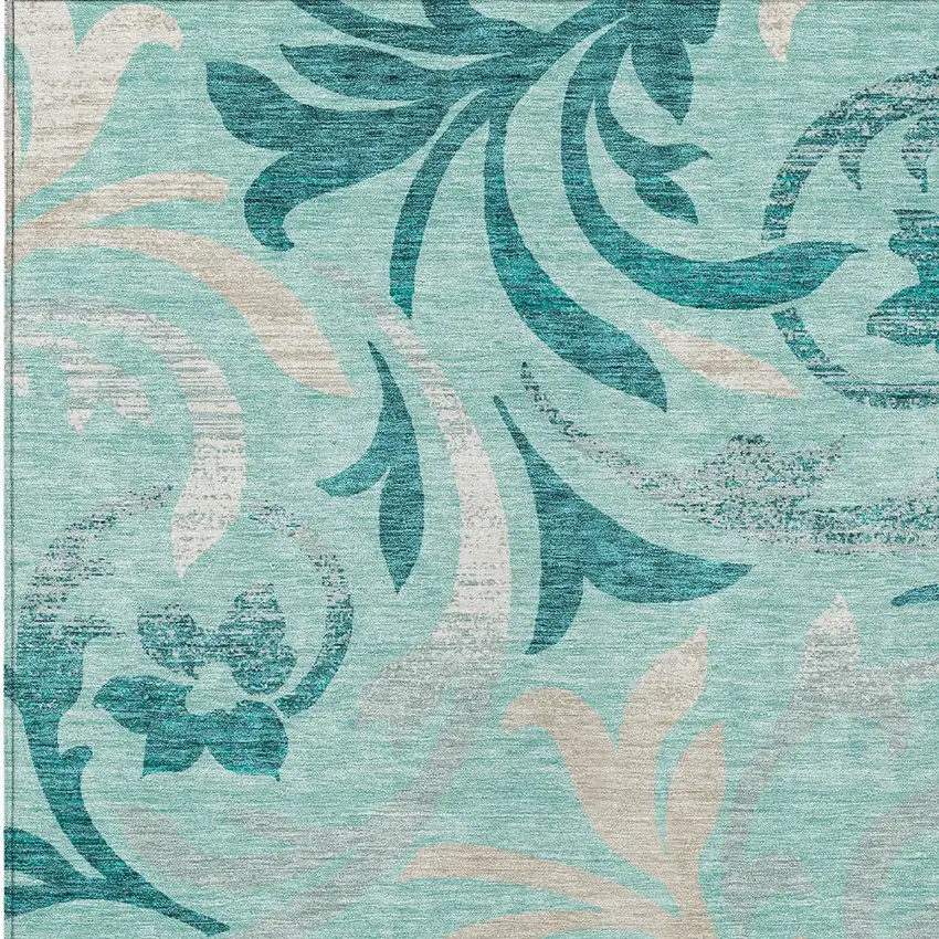 Teal Blue Aqua And Beige Floral Washable Indoor Outdoor Area Rug Photo 5